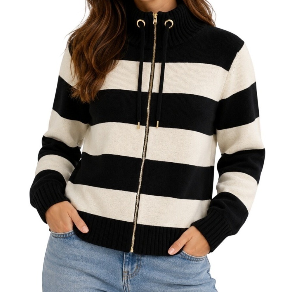 Chaps‎ Black And White Striped Full Zip Mock Neck Cardigan Sweater Women's Large